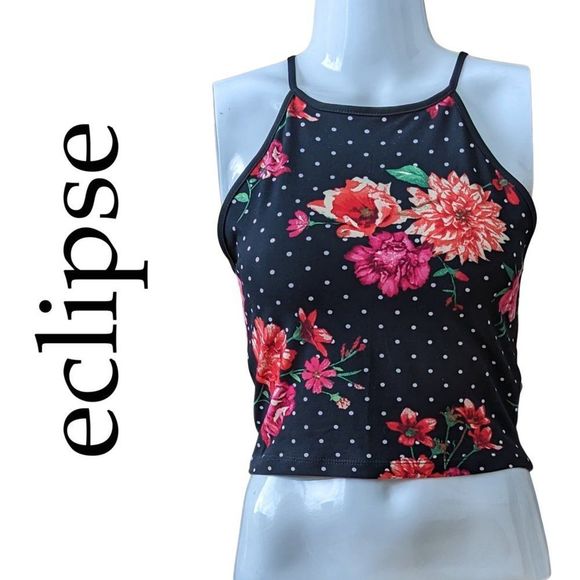 Floral Tank Top with polka dots Black and Pink spaghetti strap Crop Size Medium - Picture 1 of 10